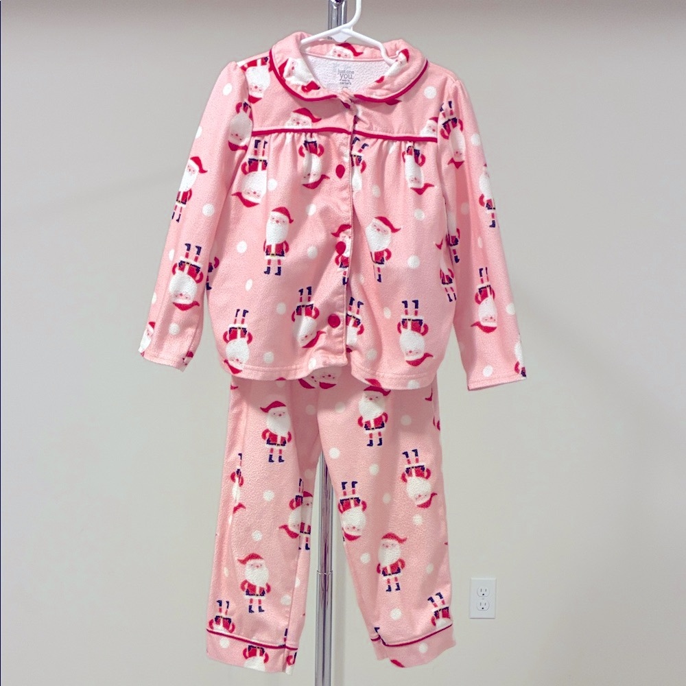 Just One You Girls’ Santa Print Long-Sleeve Loose Fit 2-Piece Pajamas - Pink